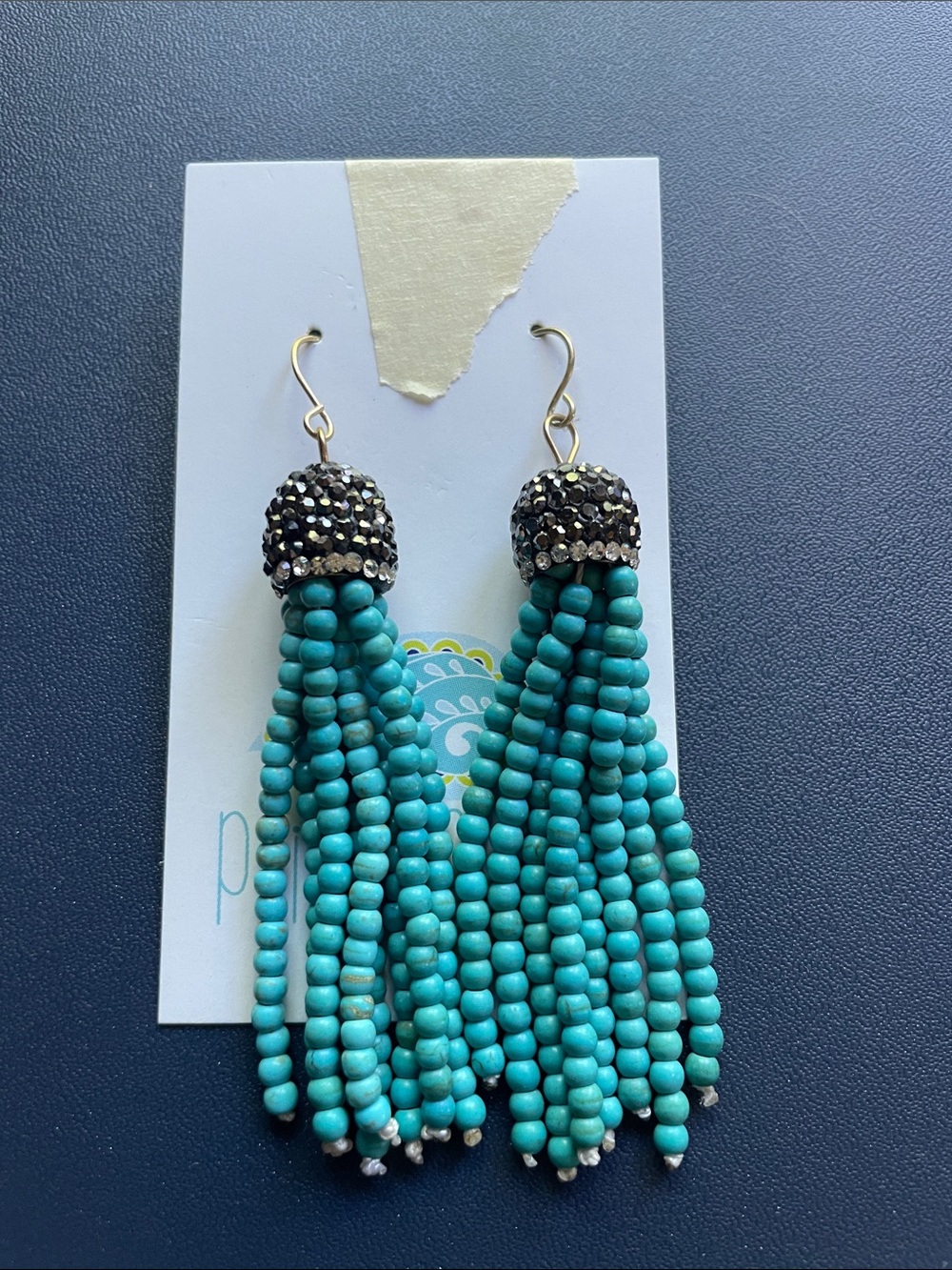 Turquoise Beaded Tassel Earrings with Rhinestone Caps